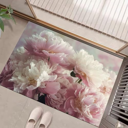 JEDTAKCT Hellrosa Waschbarer Teppich Eleganter Pfingstrosenstrauß Muster 50X80Cm Vintage Pflanzen Eingangsbereich Modern Fußmatte Badezimmerteppich Weich rutschfest Kleiner Kurzflor Bad Schlafzimmer von JEDTAKCT