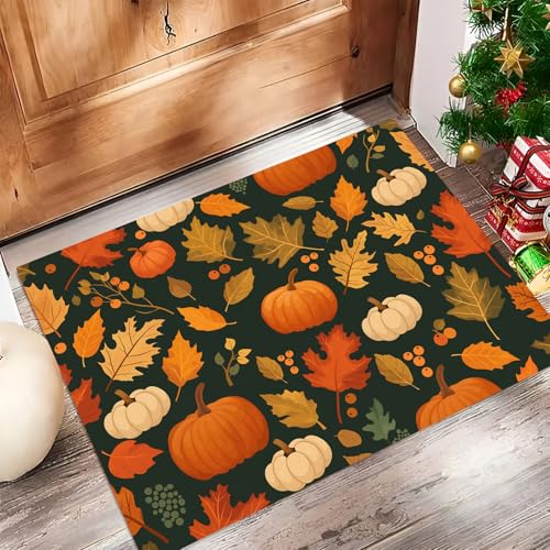 JEDTAKCT Herbstblätter Kürbis Fussmatte Teppich 90X150Cm, Wohnzimmerteppich Schlafzimmerteppich, Dunkelgrün Waschbarer Fußmatte, Botanische Ästhetik Rutschfester Teppich Für Küche Flur Esszimmer von JEDTAKCT