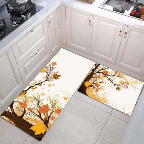 JEDTAKCT Herbstwald Küchenmatten 2Er Set, 50X80Cm+50X150Cm Küchenteppich Waschbar rutschfest, Küchenteppiche, Senfgelb Küchenläufer Für Badezimmer Zuhause Büro (Geometrische Wirbel) von JEDTAKCT