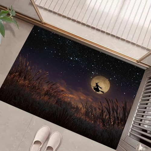 JEDTAKCT Hexe Nachthimmel Fußmatte Teppich Vintage Weizenfeld Kurzflor Fussmatte Rostbraun Türmatte rutschfest Waschbarer Retro Teppich Für Esszimmer Flur Eingangsbereich Fußabtreter 50X80Cm von JEDTAKCT