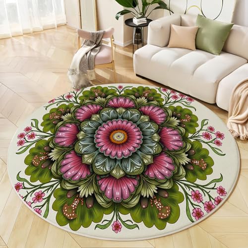 JEDTAKCT Hippie Floral Teppich Rund 100 cm rutschfest Teppiche Wohnzimmer, Bohemian Mandala Waschbar Teppiche Kurzflor Weich Runder Teppich Smaragdgrün for Schlafzimmer Studie Heimbüro von JEDTAKCT