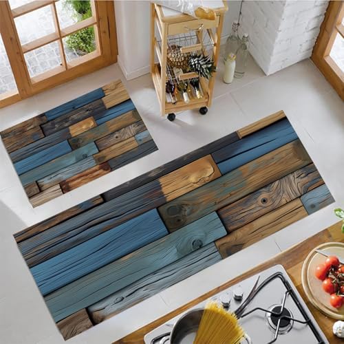 JEDTAKCT Holz Im Used-Look Küchenmatten 2Er Set, 43X75Cm+43X150Cm Küchenteppich Waschbar rutschfest, Küchenteppiche, Hellbraun Küchenläufer Für Badezimmer Zuhause Büro (Vintage Geometrisch) von JEDTAKCT