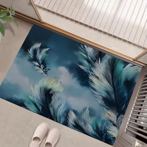 JEDTAKCT Indigo Waschbarer Teppich Abstrakte Feder Muster 50X80Cm Fantasy Ölgemälde Eingangsbereich Modern Fußmatte Badezimmerteppich Weich rutschfest Kleiner Kurzflor Bad Schlafzimmer von JEDTAKCT