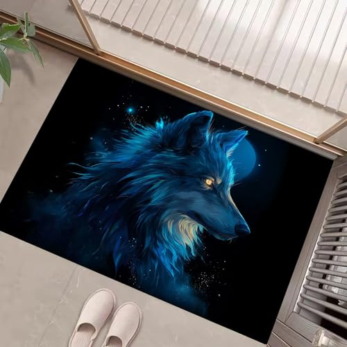 JEDTAKCT Indigo Waschbarer Teppich Fantasy Blau Wolf Muster 80X120Cm Mond Himmel Tier Eingangsbereich Modern Fußmatte Badezimmerteppich Weich rutschfest Kleiner Kurzflor Bad Schlafzimmer von JEDTAKCT
