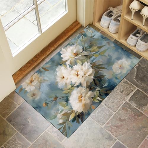 JEDTAKCT Indigo Waschbarer Teppich Vintage Pfingstrose Muster 60X90Cm Abstrakte Ölgemälde Pflanzen Eingangsbereich Modern Fußmatte Badezimmerteppich Weich rutschfest Kleiner Kurzflor Bad Schlafzimmer von JEDTAKCT