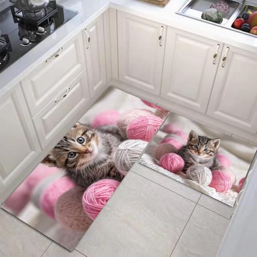 JEDTAKCT Katze Wollknäuel Küchenmatten 2Er Set, 40X60Cm+40X120Cm Küchenteppich Waschbar rutschfest, Küchenteppiche, Beige Küchenläufer Für Badezimmer Zuhause Büro (Süße Tiere) von JEDTAKCT