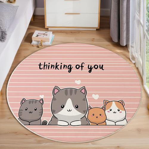 JEDTAKCT Kawaii Katze Teppich, Waschbar 120 cm Runder Teppich Für Schlafzimmer, Einfache Streifen Kinderteppich, Rutschfester Kreis Weicher Blush Pink Für Schlafsaal Kinderzimmer Sofa von JEDTAKCT