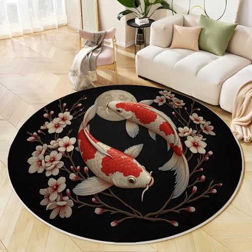 JEDTAKCT Kirschblüten Koi Teppich Rund 200Cm Kurzflor, Waschbare Teppiche Wohnzimmer Japanische Ästhetik, Runder Teppich 200Cm Durchmesser Rot Schwarz, Bettvorleger Schlafzimmer rutschfest Weich JEDTAKCT Kirschblüten Koi Teppich Rund 200Cm Kurzflor, Waschbare Teppiche Wohnzimmer Japanische Ästhetik, Runder Teppich 200Cm Durchmesser Rot Schwarz, Bettvorleger Schlafzimmer rutschfest Weich von JEDTAKCT