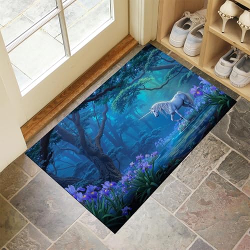 JEDTAKCT Königsblau Waschbarer Teppich Pegasus Lake Muster 80X120Cm Fantasiewald Eingangsbereich Modern Fußmatte Badezimmerteppich Weich rutschfest Kleiner Kurzflor Bad Schlafzimmer von JEDTAKCT