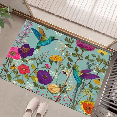 JEDTAKCT Kolibri Wildblumen Fußmatte Innen Waschbar, Fussmatte Dünn Kurzflor, Kleiner Botanische Illustration Eingangsteppich, Bettvorleger rutschfest Für Ecke Küche, Türkis, 80X120Cm JEDTAKCT Kolibri Wildblumen Fußmatte Innen Waschbar, Fussmatte Dünn Kurzflor, Kleiner Botanische Illustration Eingangsteppich, Bettvorleger rutschfest Für Ecke Küche, Türkis, 80X120Cm von JEDTAKCT
