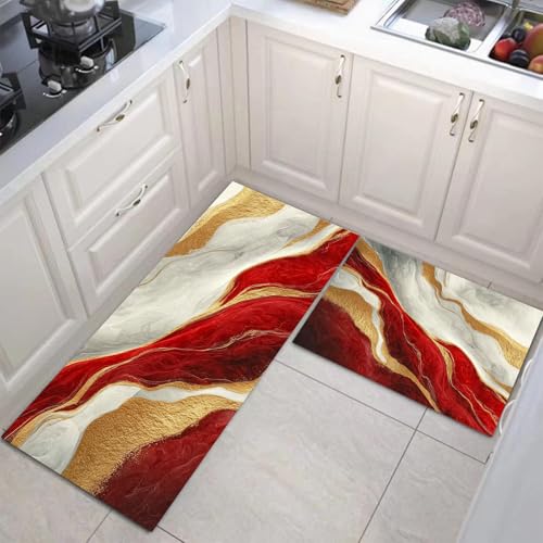 JEDTAKCT Küchenteppich Set 2 Stück 3D-Goldfolienwelle rutschfeste Küchenmatte, Eleganter Marmor Waschbare Matten Teppiche Set, Teppich Läufer Für Flur Wohnraum (Burgunderrot, 40X60Cm+40X120Cm) von JEDTAKCT