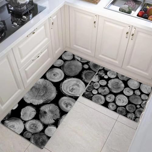 JEDTAKCT Küchenteppich Set 2 Stück 3D Schwarzweiß Holz rutschfeste Küchenmatte, Naturfotografie Waschbare Matten Teppiche Set, Teppich Läufer Für Flur Wohnraum (Anthrazitgrau, 50X80Cm+50X150Cm) von JEDTAKCT