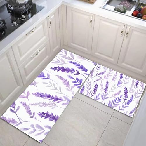 JEDTAKCT Küchenteppich Set 2 Stück Aquarell Lavendel rutschfeste Küchenmatte, Natürliche Pflanzen Waschbare Matten Teppiche Set, Teppich Läufer Für Flur Wohnraum (Beige, 44X75Cm+44X120Cm) von JEDTAKCT
