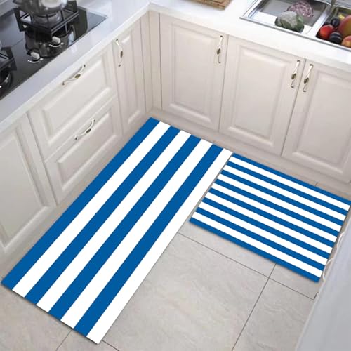 JEDTAKCT Küchenteppich Set 2 Stück Blau-Weiße Streifen rutschfeste Küchenmatte, Nautische Geometrie Waschbare Matten Teppiche Set, Teppich Läufer Für Flur Wohnraum (Marineblau, 50X80Cm+50X150Cm) JEDTAKCT Küchenteppich Set 2 Stück Blau-Weiße Streifen rutschfeste Küchenmatte, Nautische Geometrie Waschbare Matten Teppiche Set, Teppich Läufer Für Flur Wohnraum (Marineblau, 50X80Cm+50X150Cm) von JEDTAKCT