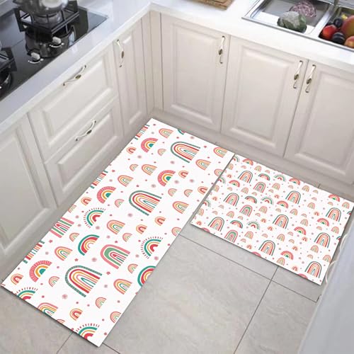 JEDTAKCT Küchenteppich Set 2 Stück Böhmische Geometrie rutschfeste Küchenmatte, Cartoon Poster Waschbare Matten Teppiche Set, Teppich Läufer Für Flur Wohnraum (Rougepuder, 43X75Cm+43X150Cm) von JEDTAKCT