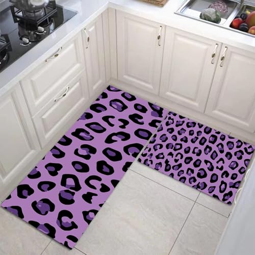 JEDTAKCT Küchenteppich Set 2 Stück Cartoon Leopard rutschfeste Küchenmatte, Tier Poster Waschbare Matten Teppiche Set, Teppich Läufer Für Flur Wohnraum (Violett, 44X75Cm+44X120Cm) von JEDTAKCT