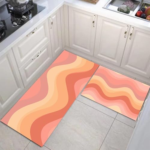 JEDTAKCT Küchenteppich Set 2 Stück Cartoon-Wellen rutschfeste Küchenmatte, Niedliche Geometrie Waschbare Matten Teppiche Set, Teppich Läufer Für Flur Wohnraum (Pfirsichrosa, 40X60Cm+40X120Cm) von JEDTAKCT