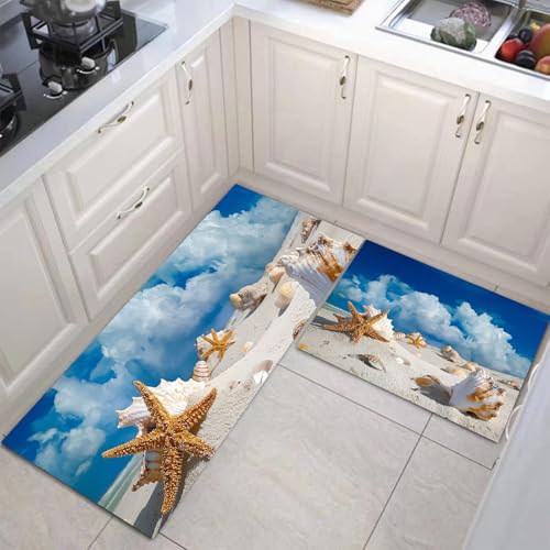 JEDTAKCT Küchenteppich Set 2 Stück Conch Beach rutschfeste Küchenmatte, Meerblick Waschbare Matten Teppiche Set, Teppich Läufer Für Flur Wohnraum (Himmelblau, 43X75Cm+43X150Cm) von JEDTAKCT