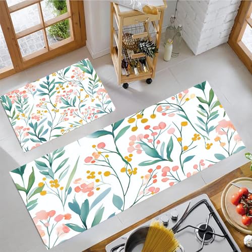 JEDTAKCT Küchenteppich Set 2 Stück Country Floral rutschfeste Küchenmatte, Aquarell Botanicals Waschbare Matten Teppiche Set, Teppich Läufer Für Flur Wohnraum (Smaragdgrün, 50X80Cm+50X150Cm) von JEDTAKCT