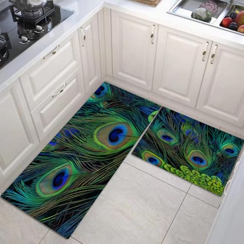 JEDTAKCT Küchenteppich Set 2 Stück Fantasie-Pfauenfedern rutschfeste Küchenmatte, Natürliche Tiere Waschbare Matten Teppiche Set, Teppich Läufer Für Flur Wohnraum (Blaugrün, 43X75Cm+43X150Cm) von JEDTAKCT