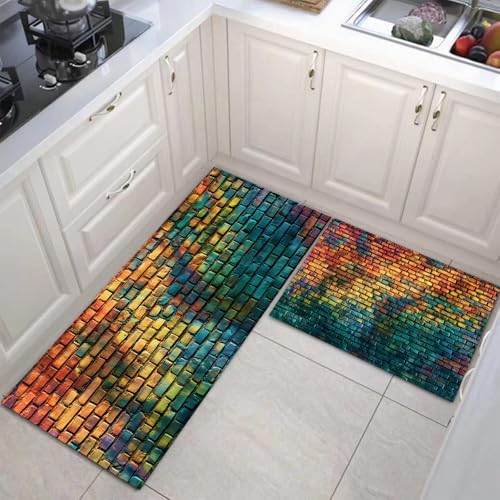 JEDTAKCT Küchenteppich Set 2 Stück Farbverlauf Ziegelwand rutschfeste Küchenmatte, Street Style Graffiti Waschbare Matten Teppiche Set, Teppich Läufer Für Flur Wohnraum (Türkis, 50X80Cm+50X150Cm) JEDTAKCT Küchenteppich Set 2 Stück Farbverlauf Ziegelwand rutschfeste Küchenmatte, Street Style Graffiti Waschbare Matten Teppiche Set, Teppich Läufer Für Flur Wohnraum (Türkis, 50X80Cm+50X150Cm) von JEDTAKCT