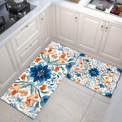 JEDTAKCT Küchenteppich Set 2 Stück Floral Geometrisch rutschfeste Küchenmatte, Marokkanische Fliesen Waschbare Matten Teppiche Set, Teppich Läufer Für Flur Wohnraum (Marineblau, 43X75Cm+43X150Cm) von JEDTAKCT