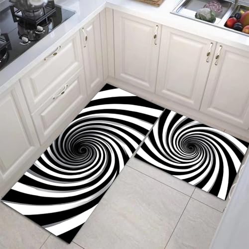 JEDTAKCT Küchenteppich Set 2 Stück Gestreifte Spirale rutschfeste Küchenmatte, Optische Täuschung Waschbare Matten Teppiche Set, Teppich Läufer Für Flur Wohnraum (Schwarz Weiß, 43X75Cm+43X150Cm) JEDTAKCT Küchenteppich Set 2 Stück Gestreifte Spirale rutschfeste Küchenmatte, Optische Täuschung Waschbare Matten Teppiche Set, Teppich Läufer Für Flur Wohnraum (Schwarz Weiß, 43X75Cm+43X150Cm) von JEDTAKCT