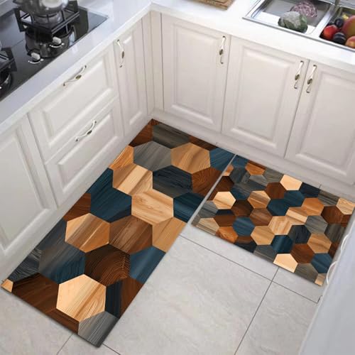 JEDTAKCT Küchenteppich Set 2 Stück Holz Geometrisch rutschfeste Küchenmatte, Landhaus Waschbare Matten Teppiche Set, Teppich Läufer Für Flur Wohnraum (Hellbraun, 40X60Cm+40X120Cm) von JEDTAKCT