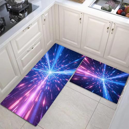 JEDTAKCT Küchenteppich Set 2 Stück Kosmische Strahlung rutschfeste Küchenmatte, Fantasie Milchstraße Waschbare Matten Teppiche Set, Teppich Läufer Für Flur Wohnraum (Königsblau, 40X60Cm+40X120Cm) von JEDTAKCT
