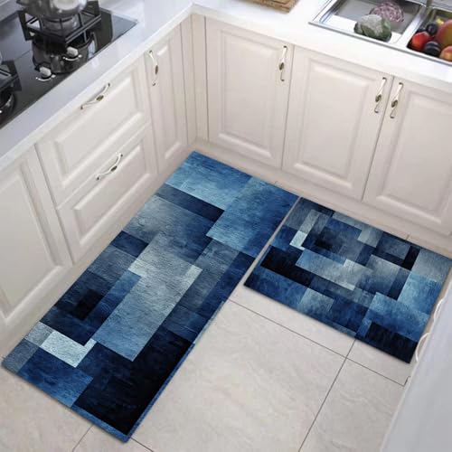 JEDTAKCT Küchenteppich Set 2 Stück Minimalistische Geometrie rutschfeste Küchenmatte, Modernes Aquarell Waschbare Matten Teppiche Set, Teppich Läufer Für Flur Wohnraum (Indigo, 40X60Cm+40X120Cm) von JEDTAKCT