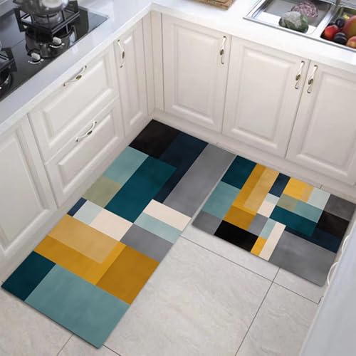 JEDTAKCT Küchenteppich Set 2 Stück Moderner Block rutschfeste Küchenmatte, Abstrakte Geometrie Waschbare Matten Teppiche Set, Teppich Läufer Für Flur Wohnraum (Anthrazitgrau, 50X80Cm+50X150Cm) von JEDTAKCT