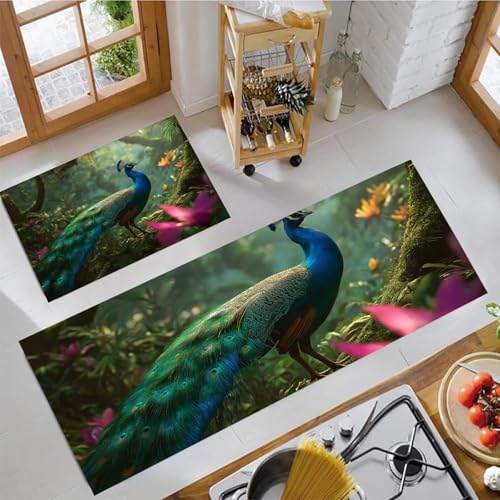 JEDTAKCT Küchenteppich Set 2 Stück Natürlicher Pfau rutschfeste Küchenmatte, Tropischer Wald Waschbare Matten Teppiche Set, Teppich Läufer Für Flur Wohnraum (Smaragdgrün, 40X60Cm+40X120Cm) von JEDTAKCT