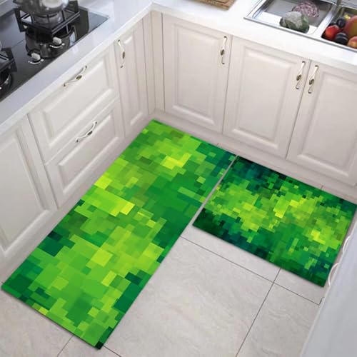 JEDTAKCT Küchenteppich Set 2 Stück Pixelgeometrie rutschfeste Küchenmatte, Abstrakt Modern Waschbare Matten Teppiche Set, Teppich Läufer Für Flur Wohnraum (Smaragdgrün, 43X75Cm+43X150Cm) von JEDTAKCT