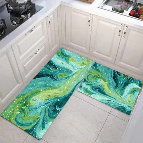 JEDTAKCT Küchenteppich Set 2 Stück Polka Dot Swirl rutschfeste Küchenmatte, Abstrakter Marmor Waschbare Matten Teppiche Set, Teppich Läufer Für Flur Wohnraum (Blaugrün, 43X75Cm+43X150Cm) von JEDTAKCT