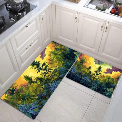 JEDTAKCT Küchenteppich Set 2 Stück Psychedelischer Himmel rutschfeste Küchenmatte, Handgemalte Pflanzen Waschbare Matten Teppiche Set, Teppich Läufer Für Flur Wohnraum (Smaragdgrün, 40X60Cm+40X120Cm) von JEDTAKCT