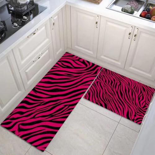 JEDTAKCT Küchenteppich Set 2 Stück Punk Zebra rutschfeste Küchenmatte, Abstrakt Geometrisch Waschbare Matten Teppiche Set, Teppich Läufer Für Flur Wohnraum (Hot Pink, 50X80Cm+50X150Cm) von JEDTAKCT