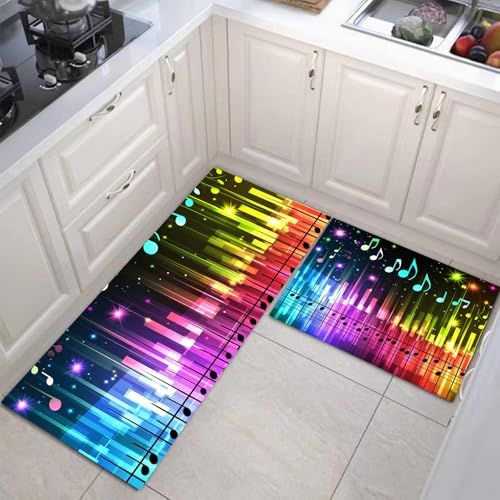 JEDTAKCT Küchenteppich Set 2 Stück Regenbogennoten rutschfeste Küchenmatte, Modernes Poster Waschbare Matten Teppiche Set, Teppich Läufer Für Flur Wohnraum (Violett, 43X75Cm+43X150Cm) von JEDTAKCT