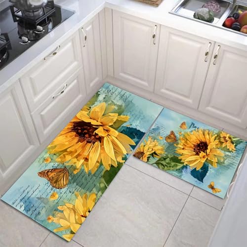 JEDTAKCT Küchenteppich Set 2 Stück Schmetterling Sonnenblume rutschfeste Küchenmatte, Aquarell Postkarte Waschbare Matten Teppiche Set, Teppich Läufer Für Flur Wohnraum (Türkis, 43X75Cm+43X150Cm) JEDTAKCT Küchenteppich Set 2 Stück Schmetterling Sonnenblume rutschfeste Küchenmatte, Aquarell Postkarte Waschbare Matten Teppiche Set, Teppich Läufer Für Flur Wohnraum (Türkis, 43X75Cm+43X150Cm) von JEDTAKCT