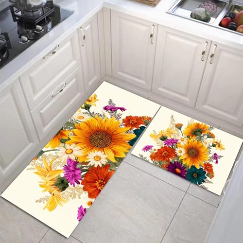 JEDTAKCT Küchenteppich Set 2 Stück Sommersonnenblumen rutschfeste Küchenmatte, Aquarellblumen Waschbare Matten Teppiche Set, Teppich Läufer Für Flur Wohnraum (Creme, 50X80Cm+50X150Cm) von JEDTAKCT