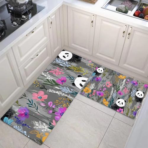 JEDTAKCT Küchenteppich Set 2 Stück Süßer Panda rutschfeste Küchenmatte, Einfache Blumen Waschbare Matten Teppiche Set, Teppich Läufer Für Flur Wohnraum (Anthrazitgrau, 40X60Cm+40X120Cm) von JEDTAKCT