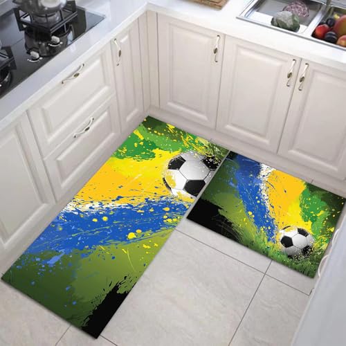 JEDTAKCT Küchenteppich Set 2 Stück Tintenfußball rutschfeste Küchenmatte, Brasilianische Flagge Waschbare Matten Teppiche Set, Teppich Läufer Für Flur Wohnraum (Dunkelgrün, 50X80Cm+50X150Cm) von JEDTAKCT