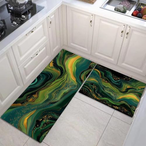 JEDTAKCT Küchenteppich Set 2 Stück Tintenmarmor rutschfeste Küchenmatte, Abstrakte Wellen Waschbare Matten Teppiche Set, Teppich Läufer Für Flur Wohnraum (Smaragdgrün, 43X75Cm+43X150Cm) von JEDTAKCT