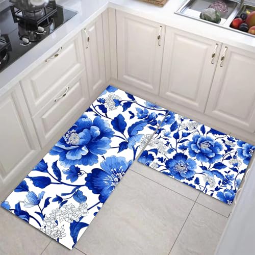 JEDTAKCT Küchenteppich Set 2 Stück Traditionelle Blumen rutschfeste Küchenmatte, Chinesisches Porzellan Waschbare Matten Teppiche Set, Teppich Läufer Für Flur Wohnraum (Königsblau, 50X80Cm+50X150Cm) JEDTAKCT Küchenteppich Set 2 Stück Traditionelle Blumen rutschfeste Küchenmatte, Chinesisches Porzellan Waschbare Matten Teppiche Set, Teppich Läufer Für Flur Wohnraum (Königsblau, 50X80Cm+50X150Cm) von JEDTAKCT