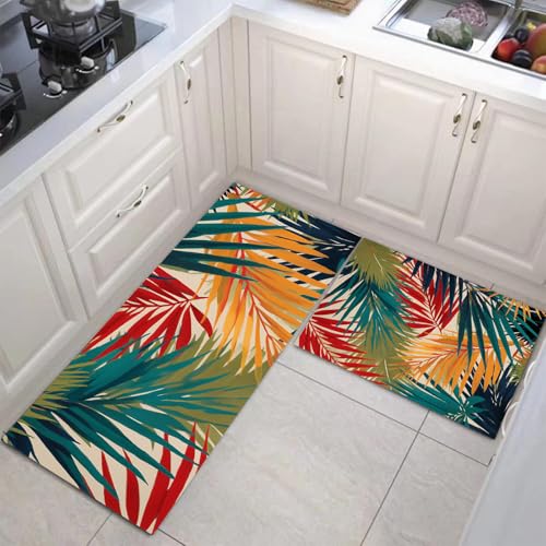 JEDTAKCT Küchenteppich Set 2 Stück Tropische Palmblätter rutschfeste Küchenmatte, Hawaiianischer Strand Waschbare Matten Teppiche Set, Teppich Läufer Für Flur Wohnraum (Smaragdgrün, 44X75Cm+44X120Cm) JEDTAKCT Küchenteppich Set 2 Stück Tropische Palmblätter rutschfeste Küchenmatte, Hawaiianischer Strand Waschbare Matten Teppiche Set, Teppich Läufer Für Flur Wohnraum (Smaragdgrün, 44X75Cm+44X120Cm) von JEDTAKCT