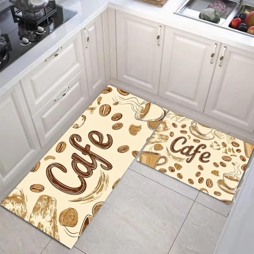 JEDTAKCT Küchenteppich Set 2 Stück Vintage Kaffee rutschfeste Küchenmatte, Handgezeichnetes Poster Waschbare Matten Teppiche Set, Teppich Läufer Für Flur Wohnraum (Beige, 40X60Cm+40X120Cm) von JEDTAKCT