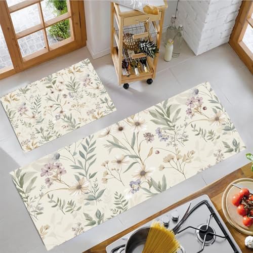 JEDTAKCT Küchenteppich Set 2 Stück Vintage Wildblumen rutschfeste Küchenmatte, Landhausstil Poster Waschbare Matten Teppiche Set, Teppich Läufer Für Flur Wohnraum (Beige, 43X75Cm+43X150Cm) von JEDTAKCT