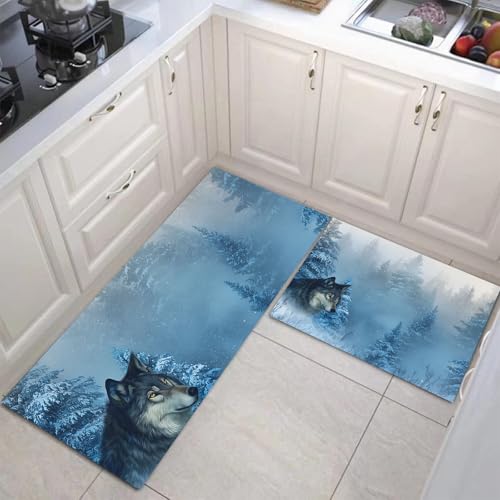 JEDTAKCT Küchenteppich Set 2 Stück Winterwolf rutschfeste Küchenmatte, Nebelwald Waschbare Matten Teppiche Set, Teppich Läufer Für Flur Wohnraum (Himmelblau, 50X80Cm+50X150Cm) von JEDTAKCT