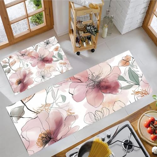 JEDTAKCT Küchenteppich Sets 2 Stück Abstrakte Blumen rutschfeste Küchenteppiche Matten Waschbare Flur Teppiche Aquarell Handgemalt Küchenbodenmatte Läufer Teppiche, Rougepuder, 44X75Cm+44X120Cm JEDTAKCT Küchenteppich Sets 2 Stück Abstrakte Blumen rutschfeste Küchenteppiche Matten Waschbare Flur Teppiche Aquarell Handgemalt Küchenbodenmatte Läufer Teppiche, Rougepuder, 44X75Cm+44X120Cm von JEDTAKCT