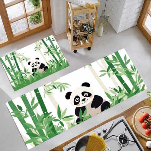 JEDTAKCT Küchenteppich Sets 2 Stück Bambuswaldpanda rutschfeste Küchenteppiche Matten Waschbare Flur Teppiche Cartoontier Küchenbodenmatte Läufer Teppiche, Smaragdgrün, 44X75Cm+44X120Cm von JEDTAKCT