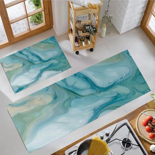 JEDTAKCT Küchenteppich Sets 2 Stück Meereswellen rutschfeste Küchenteppiche Matten Waschbare Flur Teppiche Abstrakter Marmor Küchenbodenmatte Läufer Teppiche, Türkis, 50X80Cm+50X150Cm JEDTAKCT Küchenteppich Sets 2 Stück Meereswellen rutschfeste Küchenteppiche Matten Waschbare Flur Teppiche Abstrakter Marmor Küchenbodenmatte Läufer Teppiche, Türkis, 50X80Cm+50X150Cm von JEDTAKCT